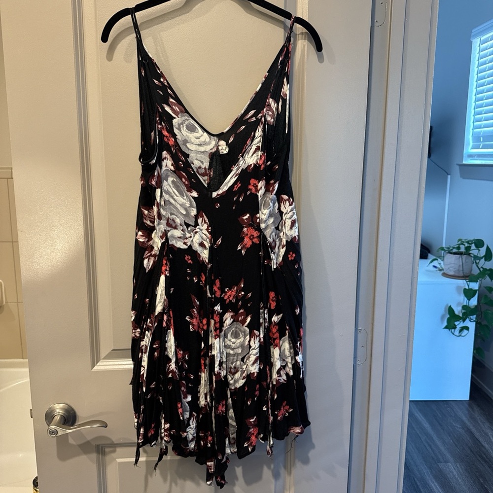 Free People Black Mini Dress with White and Red Floral Print